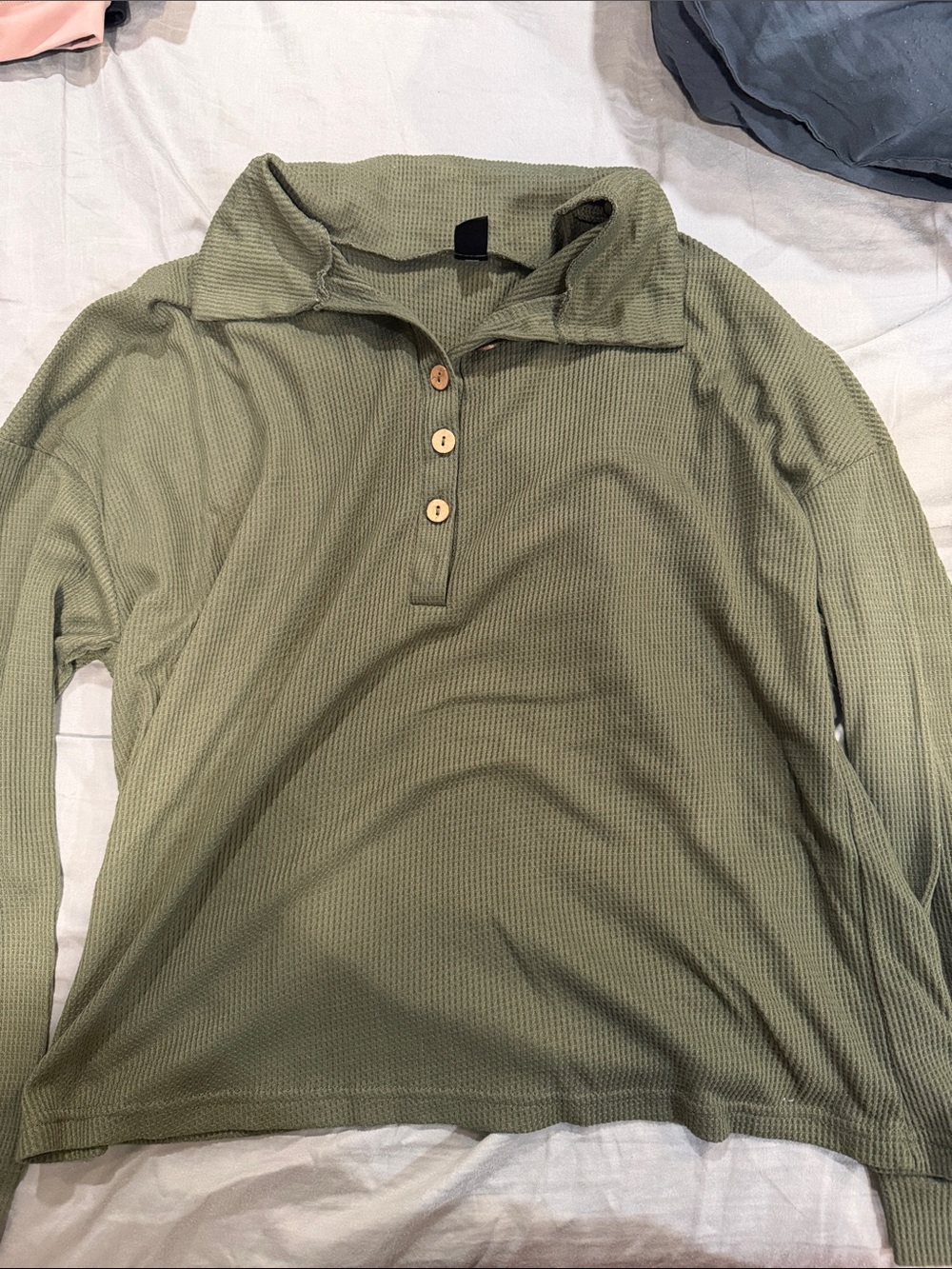 SHEIN Olive Green Waffle Knit Button Pullover